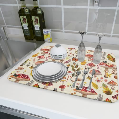 Magic Mushroom Dish Drying Mats Botanical Decorative Absorbent Drying Pad Microfiber Kitchen Sink Rack Mats 18 X 24 Inch (Wild Plant - Multi / 24" x 18")