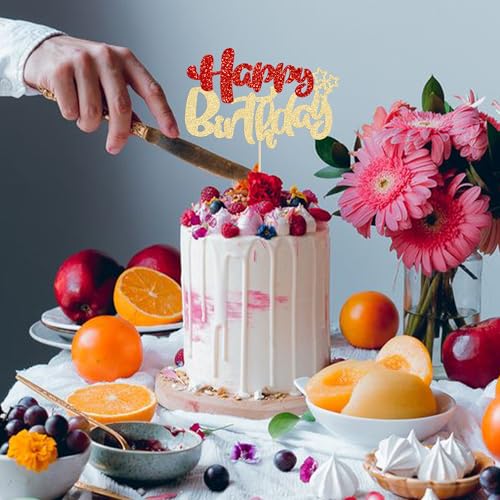 1Pcs Happy Birthday Cake Topper Glitter Happy Birthday Cake Pick for Christmas Theme Baby Shower Anniversary Party Decorations Supplies Red Gold (Style 2 / Red Gold)