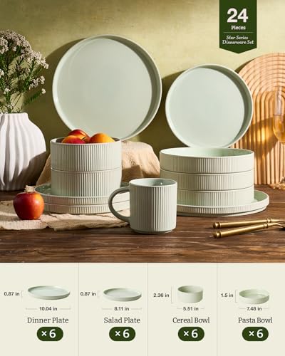 Stoneware Dinnerware Set with Pasta Bowls (Light Green / Service for 6 - Double Bowls)