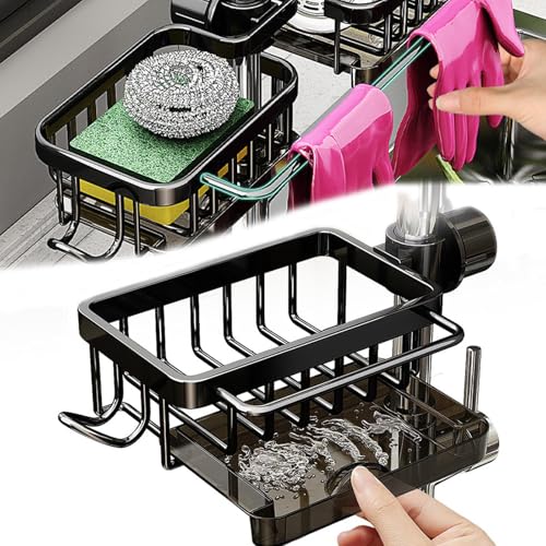 Kitchen Sink Faucet Organizer Multifunction Sponge Holder Organizer Sink Drain Holder Over Faucet Kitchen Sink Caddy with Hook Adjustable for 0.7 (Small / Black)
