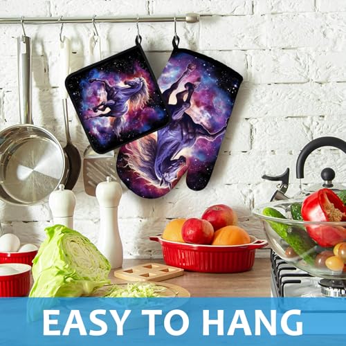 Horse Purple Galaxy Space Oven Mitts and Pot Holders Sets Heat Resistant 4Pcs Potholders Oven Gloves Hot Pads for Kitchen Baking Cooking Grilling BBQ (Horse Galaxy Space)