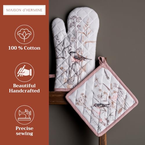 100% Cotton Oven Mitt & Pot Holder Set (058 - Meadow Florals - Brown / 7.5" x 13" & 8" x 8" (Oven Mitt & Pot Holder))