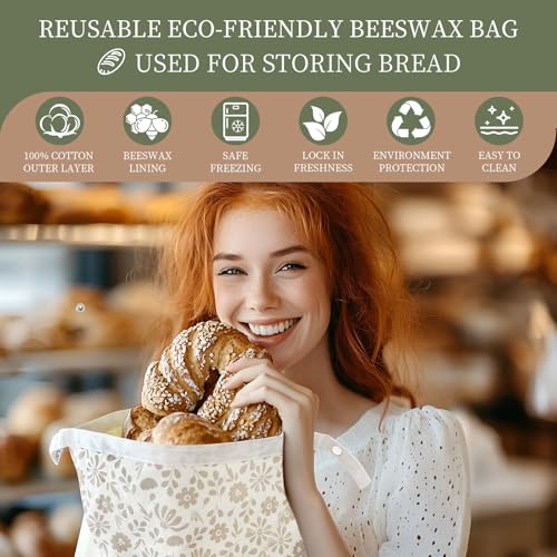 Bread Bags Reusable Beeswax Bread Bags for Sourdough (Green Floral, Beige Floral)