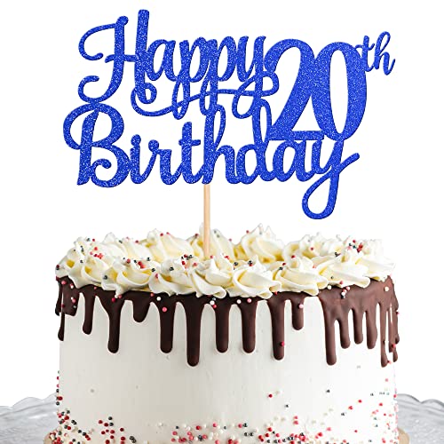1 PCS Happy 20th Birthday Cake Topper Glitter Cheers to 20 Years Birthday Cake Pick Twenty 20 Fabulous Cake Decoration for Happy 20th Birthday Theme Party Decorations Supplies Blue (Blue / 20th)