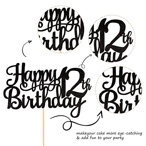 1 PCS Happy 12th Birthday Cake Topper Glitter Cheers to 12 Years Birthday Cake Pick 12 Fabulous Cake Decoration for Happy 13th Birthday Theme Party Decorations Supplies Black (Black / 12th)