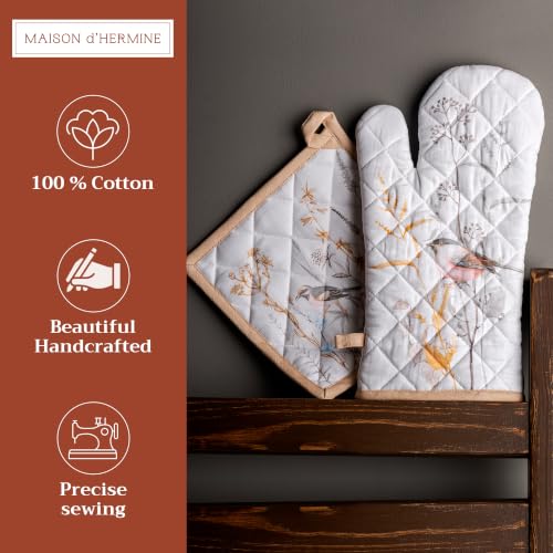 100% Cotton Oven Mitt & Pot Holder Set (088 - Meadow Florals - Beige / 7.5" x 13" & 8" x 8" (Oven Mitt & Pot Holder))