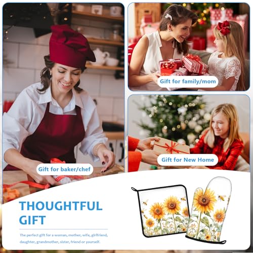 Watercolor Sunflower Oven Mitts and Pot Holders Sets Heat Resistant 4Pcs Busy Bee Potholders Oven Gloves Hot Pads for Kitchen Baking Cooking Grilling BBQ (Watercolor Sunflower and Busy Bee)