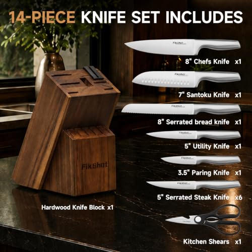 14PCS Knife Set with Block & Sharpener (Upgrade: Silver + Walnut（Built-In Sharpener）)