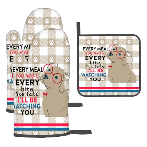 Funny Dog Oven Mitts and Pot Holders Sets of 3 Cute Oven Gloves (Funny Dog)