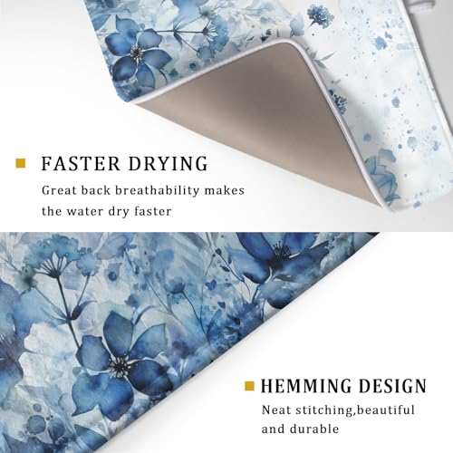 Blue Floral Dish Drying Mat for Kitchen Counter Watercolor Leaves Dishes Drainer Rack Mat Absorbent Microfiber Dish Draining Pad 18x24 Inch (Watercolor Blue Floral / 24" x 18")