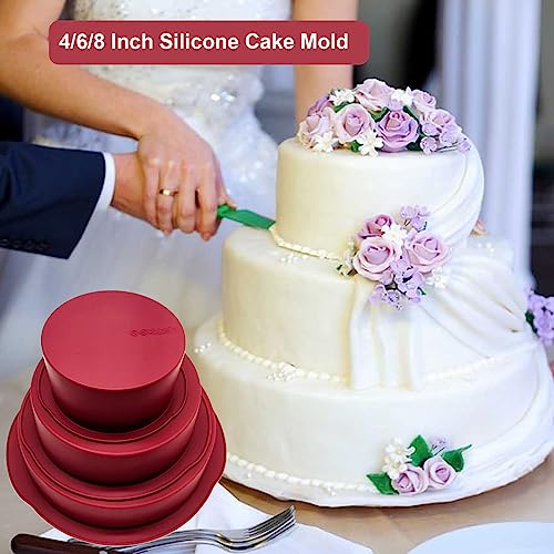 3 Piece Wine Red Silicone Round Cake Pans Set for Baking (4+6+8 Inch)