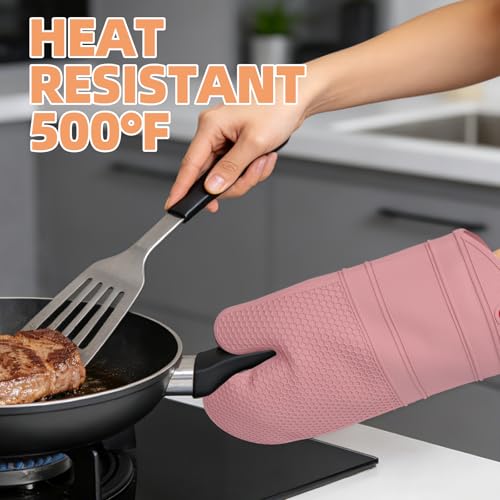 Silicone Oven Mitts Kitchen Potholder Set (2PCS-13"L x 7"W/PINK-HONEYCOMB SURFACE)
