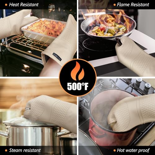 Silicone Oven Mitts and Pot Holders Sets (Beige)