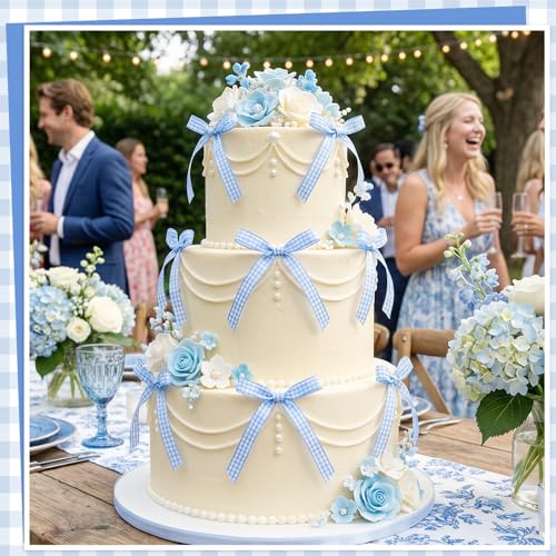 30 Pack Bow Cake Toppers Blue Gingham Ribbon Bows for Cake (Blue Plaid)