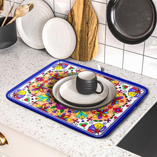 Mexican Talavera Dish Drying Mat Navy Blue Microfiber Dish Drain Pad for Kitchen Decor (Mexican Talavera Blue / 18" x 16")