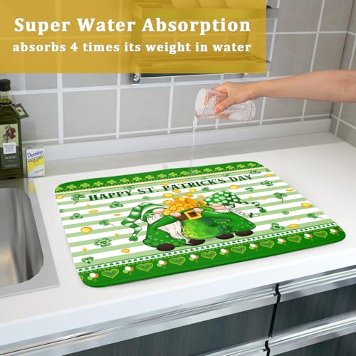 Shamrock Gnome Dish Drying Mat Coin Clover Dishes Fast Dry Mat 18x24 inch Absorbent Microfiber Dishware Drainer Pad for Kitchen Counter Sink (Shamrock Gnome Coin / 18" x 24")