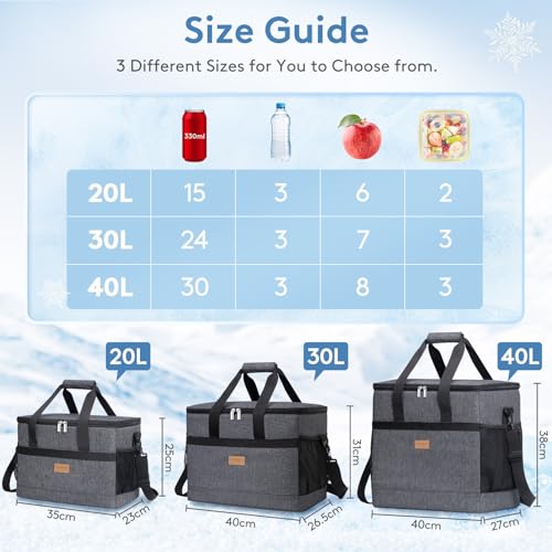 Cooler Bag 30 Cans Collapsible and Insulated Large Lunch Bag Leakproof Soft Cooler Portable for Camping (30-Can(20L) / Dark Gray)