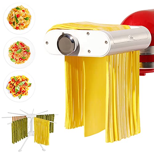 3 1 Pasta Maker Attachment for KitchenAid includes Pasta Sheet Roller attachment & Spaghetti Cutter & Fettuccine Cutter attachment (White+Silver)