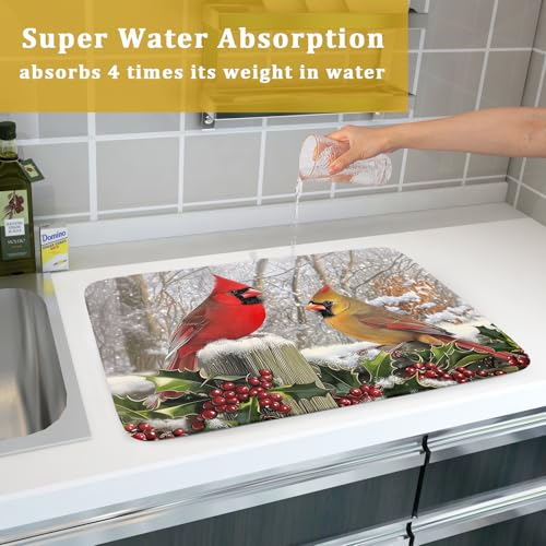 Winter Birds Dish Drying Mat Red Berry Dish Drainer Rack Mat Microfiber Absorbent Dish Drying Pad for Kitchen Counter Coffee Bar 18x24 Inch (Winter Red Birds / 24" x 18")