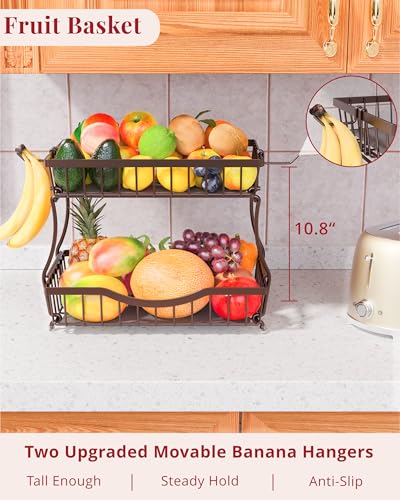 Large 2 Tier Fruit Basket for Kitchen Counter with 2 Banana Hangers (Bronze)