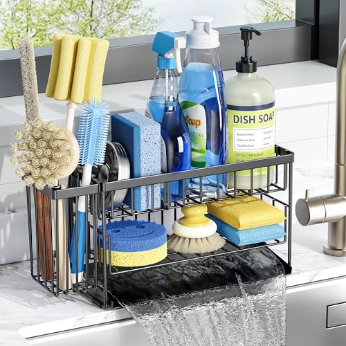 2 Tier Kitchen Sink Caddy Organzier Rack with Dish Brush Sponge Holder (Black / Medium)