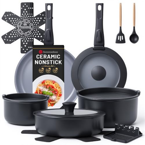 18 Piece Ceramic Pots and Pans Set Non Stick (Black)