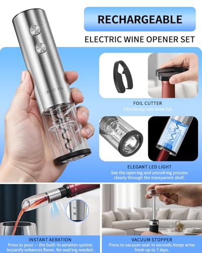 Electric Wine Opener Stainless Steel Rechargeable Automatic Wine Bottle Opener Set 7 (7-in-1 Silver / Rechargeable)