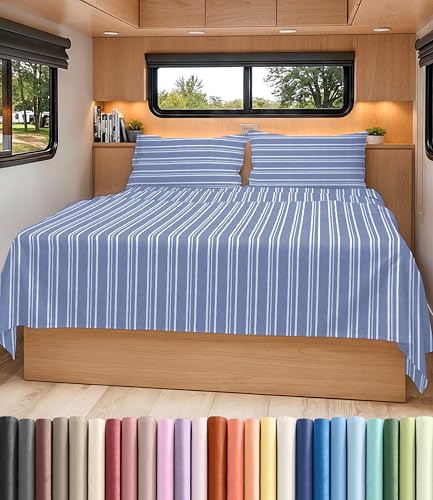 Short Queen Size 4 Piece Bed Sheet Set (42 - Blue Stripes 3 / Short Queen)