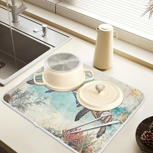 Vintage Ocean Sea Turtle04 Dish Drying Mat for Kitchen Counter Absorbent Microfiber Large Drying Pad Dish mats for Kitchen Countertops 18 x 24 Inch (Sea Turtle / 24" x 18")
