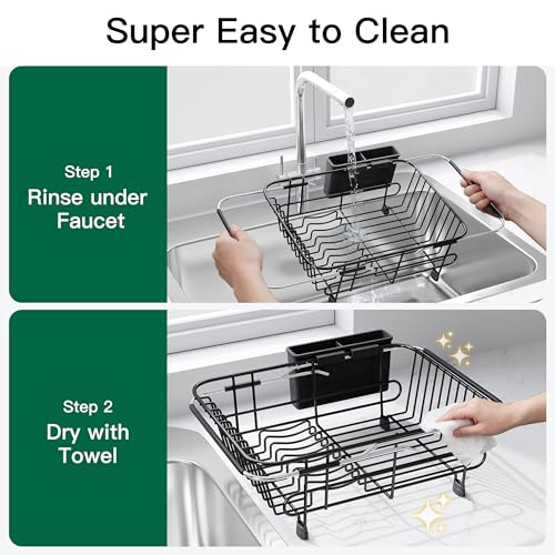 Black Dish Drying Rack in Sink with Utensil Holder (Black / For 10"-12"w Sink)