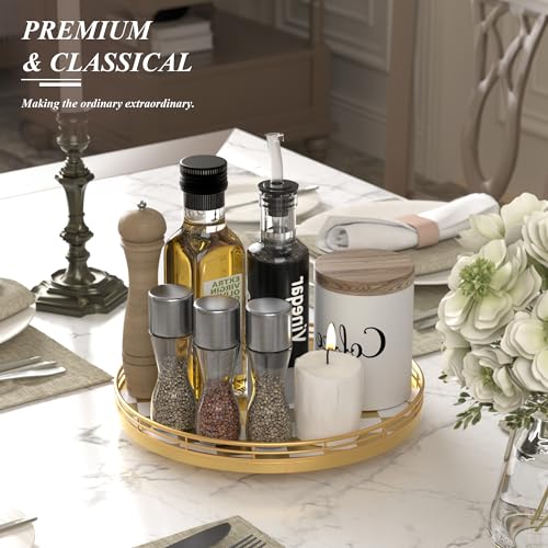 12 Inch Gold and White Checkerboard Lazy Susan with Metal Rail (Gold & White / 12 inches)