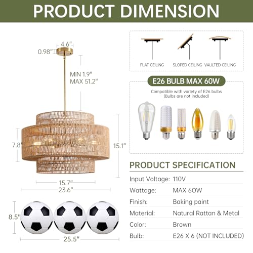24" Rattan Chandelier for Dining Room (Brown / 24" 6-Light)