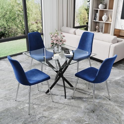 36” Square Glass Dining Table Set for 4 (Black Square Table/Blue Velvet Chairs / 5 Pieces)