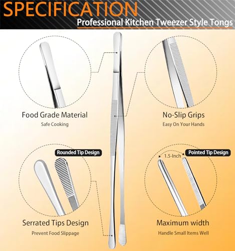 6 Pcs Cooking Tweezer Tongs (12-Inch and 6.3-Inch (6Pcs) / Silver)