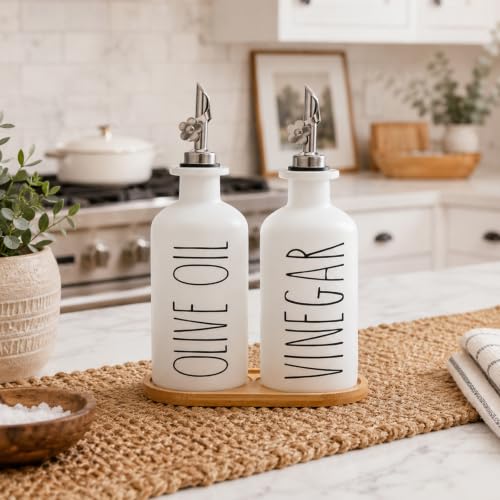 Premium Olive Oil Dispenser for Kitchen (White&Silver+Tray / 11.8 fl oz)