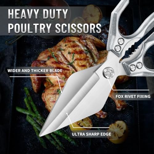 Heavy Duty Poultry Shears for Food with Silver Ergonomic Handle