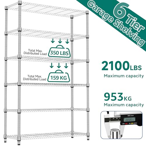 2100LBS 47.2" W 6 Tiers Shelf Storage Shelves Metal Shelving Unit Heavy Duty Garage Shelving Adjustable Wire Shelves for Pantry (6 Tiers, 17.7"D x 47.2"W x 82.4"H / Chrome)