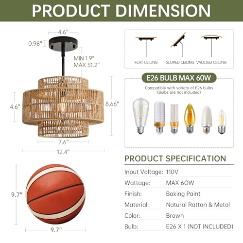 12.4" Rattan Pendant Light for Kitchen Island (Brown+Black Hardware / 12.4" 1-Light)