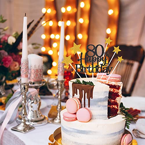 Black Gold 80th Birthday Cake Topper with Glittery Stars (7 Count)