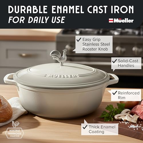 MUELLER HOME 5.5 Quart Enameled Cast Iron Oval Dutch Oven with Rooster Knob & Cotton Potholders (5.5 Quart -Oval / White)