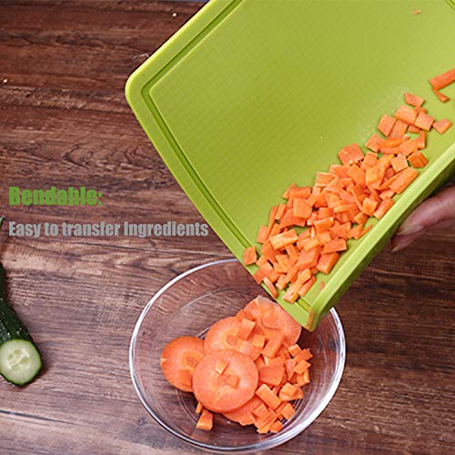 Silicone Thick Cutting Boards Mats Set of 3 Foldable & Flexible Design Juice Grooves Easy Grip Handle Dishwasher Safe for Kitchen (9.1"L x 7.1"W, 12.6"L x 9.1"W & 14.6"L x 10.4"W / Green)