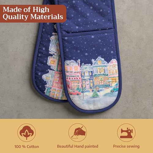 Double Oven Mitts 100% Cotton Double Oven Glove (123 - Christmas Market - Blue / 7" x 35" (Double Oven Mitt))