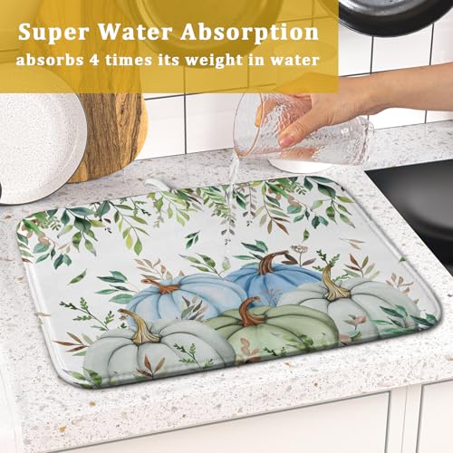 Fall Blue Pumpkin Dish Drying Mat Autumn Harvest Dishes Pad 16"x18" Microfiber Quick Dry Dish Drainer Rack Mats Kitchen Counter Accessories (Blue Pumpkin Leaf / 16x18 inch)