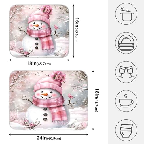 Winter Pink Snowman Dish Drying Mat for Kitchen Counter Absorbent Microfiber Christmas Large Drying Pad Dish mats for Kitchen Countertops 18 x 24 Inch (Christmas Pink Snowman / 24" x 18")