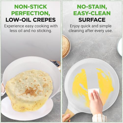 2-Pack Non-Stick Crepe Pan Set – 11” Marble Coated Dosa Pans with Wooden Spreaders, Bakelite and Wood Handles, Induction-Compatible, Easy-to-Clean, Stain-Resistant, White Cream Marble (Cream / 11" (2-Pack))
