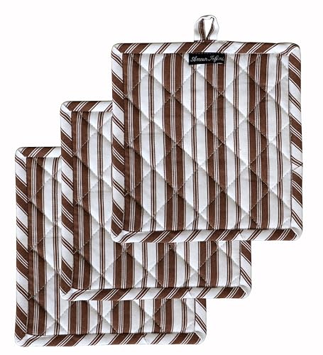 Double Stripe Pot Holders Heat Resistant Cotton Set of 3 Nonslip 8"x8" Inch Hot Pads for Kitchen (8x8 inches / Double Stripe Brown)