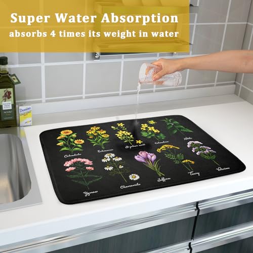 Black Flower Herbs Dish Drying Mat 18x24 Inch Botanical Floral Microfiber Drying Mats with Hanging Loop Foldable Absorbent Dish Drainer Rack Pad (Black Flower Herbs / 18" x 24")