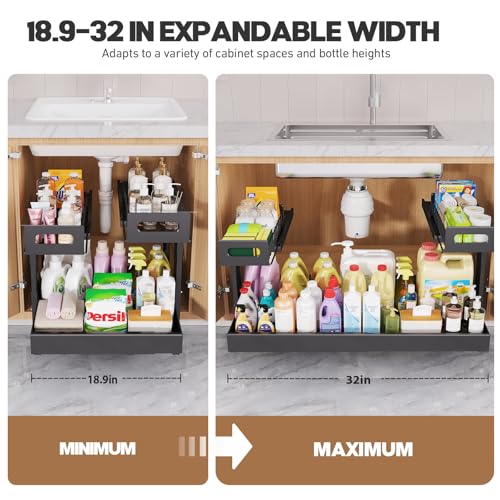 1 Pack-19"-32"W Expandable Under Sink Organizer With Upgrade Ball-Bearing Slide,2-Tier Pull Out Under Cabinet Organizer Height Adjustable,Not Suitable For Cabinets With Partitions In The Middle (1 Pack-19"-32"W / Black)