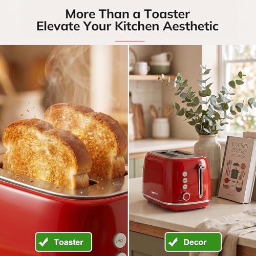 2 Slice Stainless Steel Toaster Retro with 6 Bread Shade Settings (2 Slice / Red)