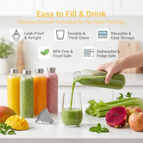24 oz Glass Water Bottles with Lids (Clear Glass Bottle 4 Pack / 24 Ounces)